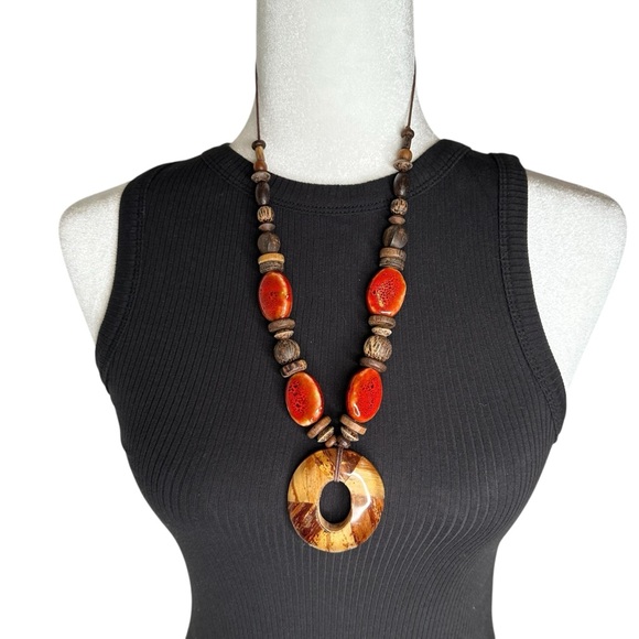Jewelry - Artisan Red and Brown Wood Beaded Necklace Handmade